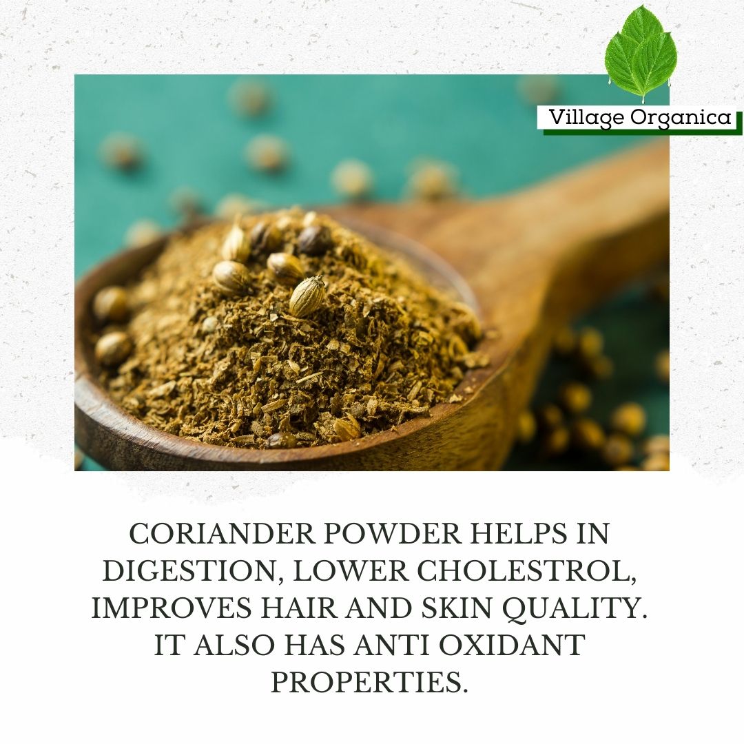 Organic coriander powder also known as dhaniya powder, finely ground and naturally processed