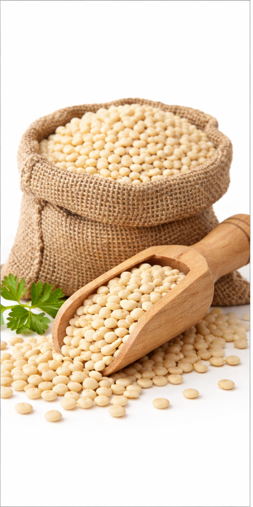 White urad dal whole displayed in a rustic wooden bowl