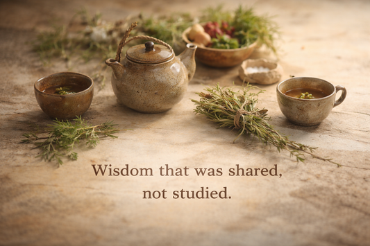 A calm still-life scene with a ceramic teapot and cups resting in natural light, symbolising shared knowledge, quiet rituals, and learning passed through presence.