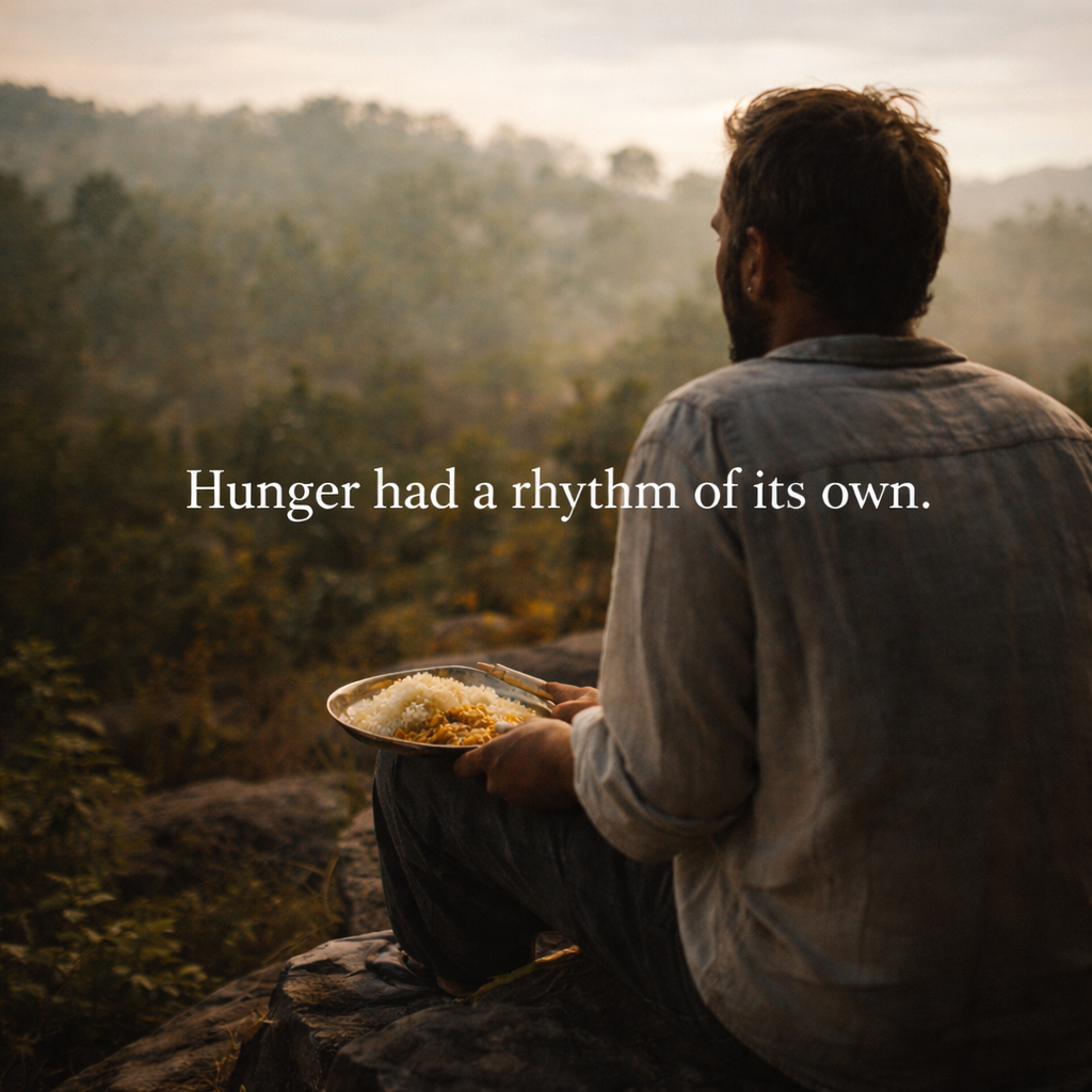 A person seated outdoors with a simple meal, reflecting on hunger and the natural rhythm of eating.
