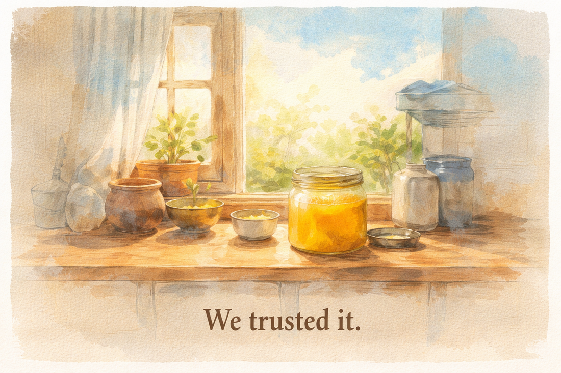 Soft illustrated kitchen scene with a jar of traditional ghee resting in warm daylight, evoking trust, familiarity, and everyday use in Indian homes.