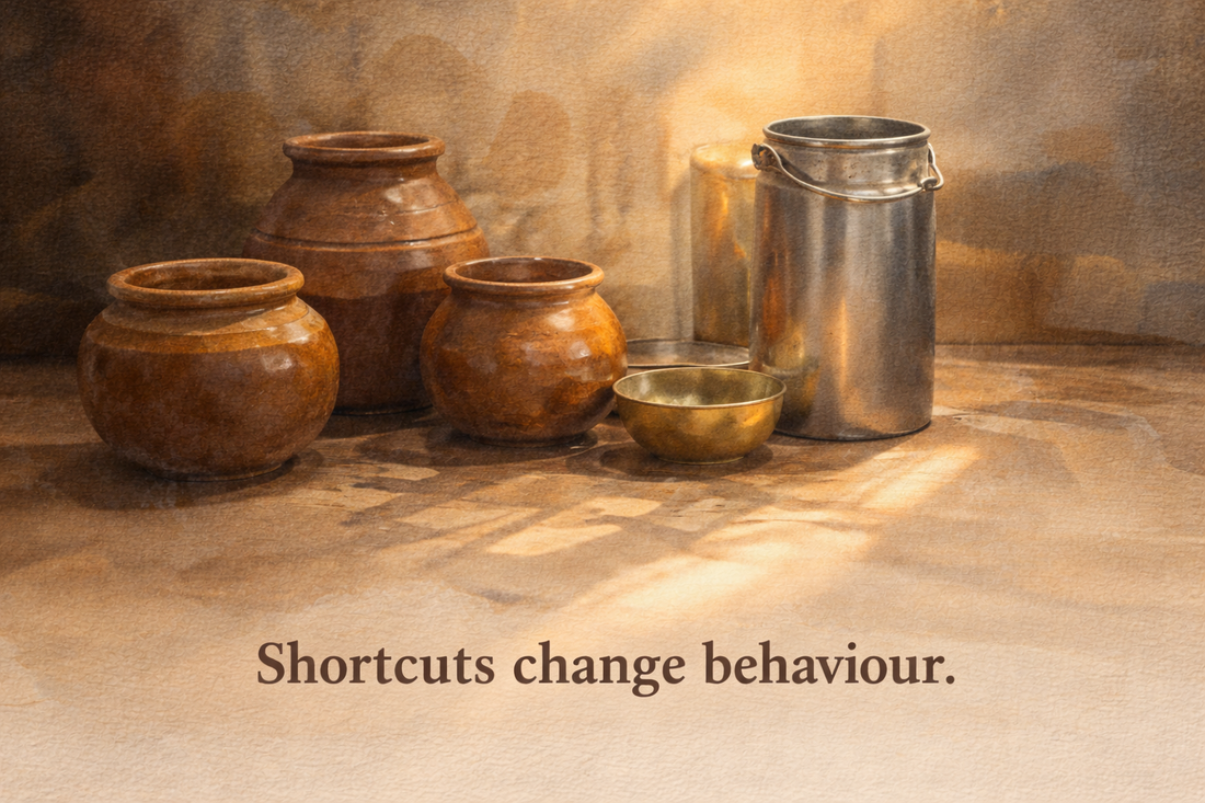 Traditional ghee-making vessels arranged without modern equipment, highlighting the absence of shortcuts in the bilona process.