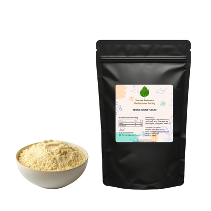 Besan chickpea flour in a wooden bowl
